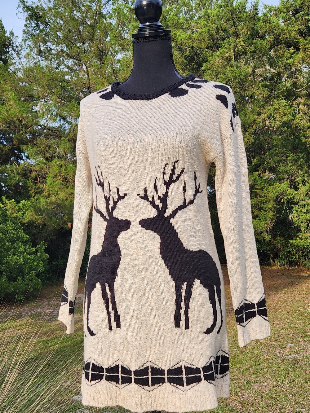 Minimal Reindeer Tunic Sweater Beige Black Christmas Winter Deer extra small 34 - Picture 2 of 8